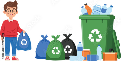 Little Boy Character Carrying a Recycling Bag, Concept of Plastic Waste Management and Environmental Protection.