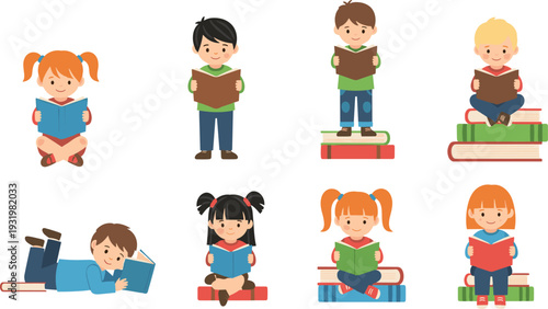 Set of Cute Diverse Children Reading Books in Different Poses, Early Childhood Literacy and Education Concept Vector Illustration