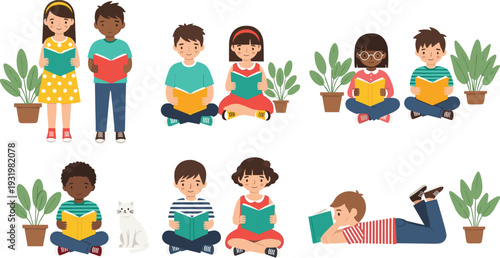 Set of Cute Multiethnic Children Reading Books with Indoor Plants and Cat, Early Education and Literacy Concept Vector Illustration