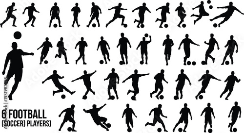 Football soccer player silhouette vector illustration, dynamic action poses, dribbling kicking passing artwork, athletic sport icon design - flat vector illustration