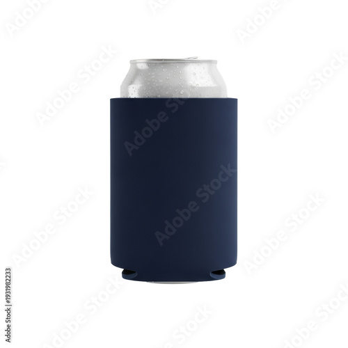 a pristine, blank, deep navy blue neoprene can cooler snugly fitted on a cold silver aluminum can with condensation droplets, isolated on a transparent background. concept for product packaging
