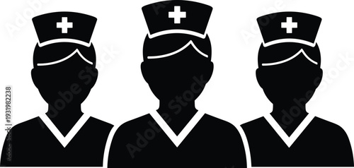 Nurse silhouette vector illustration, healthcare medical icons, hospital staff artwork, nursing profession design, medical service scene - flat vector illustration
