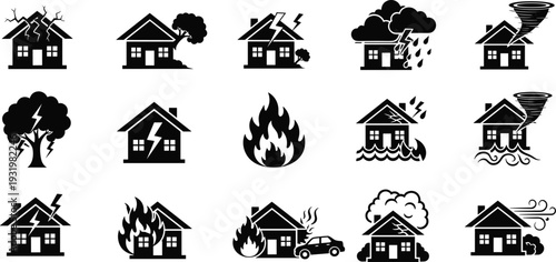 Natural disaster hazard vector illustration, house damage icons, storm flood fire earthquake tornado lightning silhouette, insurance emergency preparedness artwork - flat vector illustration