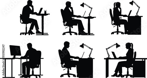 Office desk worker vector illustration, computer laptop silhouettes, study focus icons, workplace productivity artwork, modern business design scene - flat vector illustration