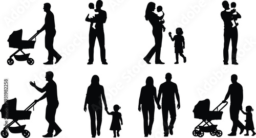Parent and child silhouette vector illustration, family walking together, stroller pushing, caregiving moments, father mother baby toddler bonding scene - flat vector illustration