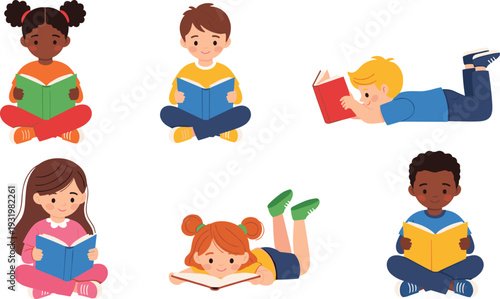 Set of Diverse Multiethnic Children Sitting and Lying Down Reading Books, Early Childhood Education and Literacy Vector Illustration
