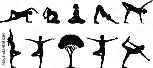 Yoga silhouette vector illustration, meditation balance poses, fitness exercise icons, mindfulness artwork, tree symbol design, healthy lifestyle scene - flat vector illustration