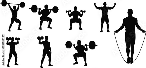 Fitness exercise silhouette illustration with strength training and cardio movements, dumbbells, barbells, jump rope concept, workout design, flat vector graphic