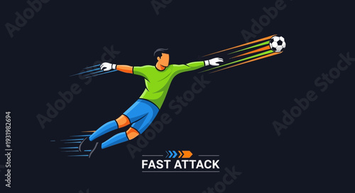 Dynamic Football Goalkeeper Protecting, High Speed Save, Against Dark Background Illustration