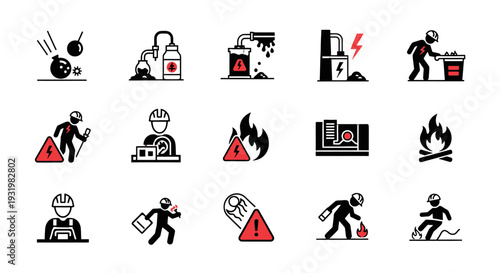 Collection of black and white icons depicting various hazard warning signs and safety procedures.