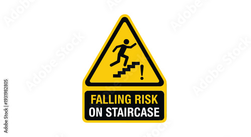 Warning sign indicating falling risk on staircase.