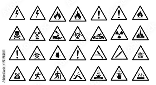 Collection of warning and caution triangular signs with various symbols.