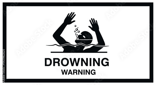 Warning sign indicating drowning hazard with silhouette of a person struggling in water.