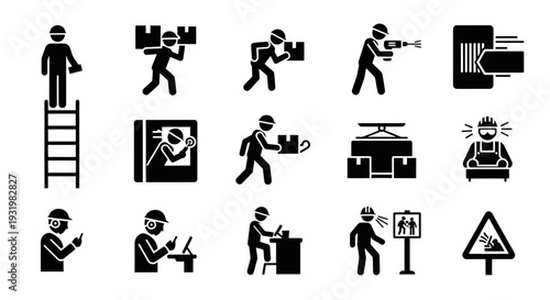 Collection of black icons depicting various work and safety related activities.