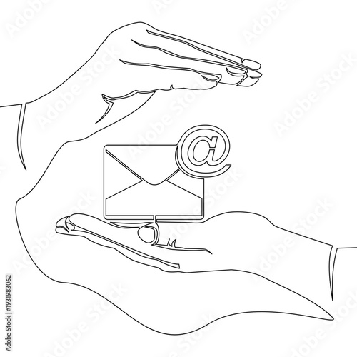 Continuous one single line drawing Two hands protecting email envelope symbolizing cybersecurity and data protection icon vector illustration concept