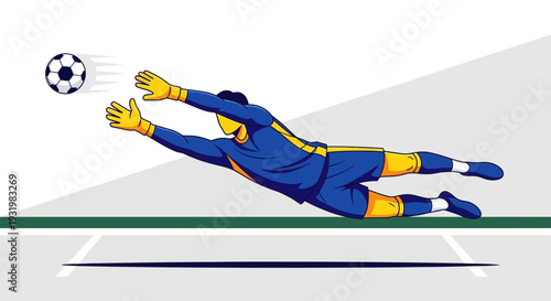 Dynamic Goalkeeper Diving to Defend a Soccer Goal in Vivid Cartoon Illustration