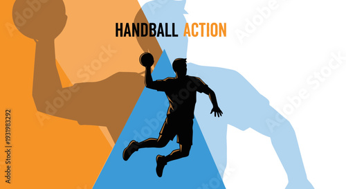 Dynamic Handball Action Depicted: A Graphic Silhouette in Vibrant Geometric Composition