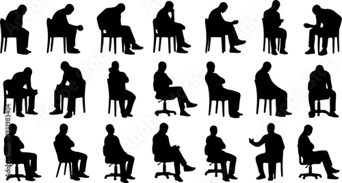 Collection of men sitting on chairs silhouettes isolated on white background vector