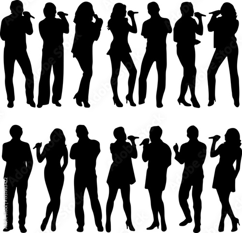 Collection of male and female singers with microphones silhouettes isolated on white background vector