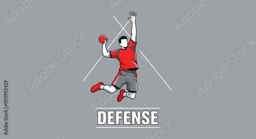 Dynamic Handball Defender Engaging in a Powerful Jump and Asserting Defensive Prowess