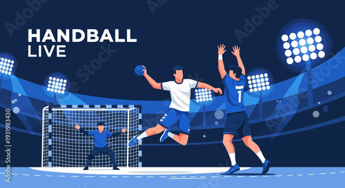 Dynamic Handball Game Illustration Depicting Live Action with Strategic Goal Attempts