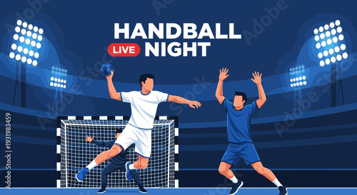 Dynamic Handball Game Illustration Depicting Live Night Match with Animated Players