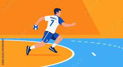 Dynamic Handball Player In Action with Ball on a Sport Court, Vector Illustration
