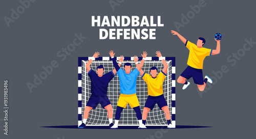 Dynamic Handball Game Illustration: Defensive Strategy and Offensive Movement in Play