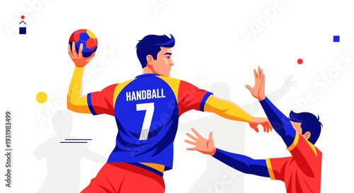 Dynamic Handball Game Illustration Depicting Throwing Action and Player Interaction