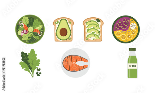 Healthy food collection including salads avocado toast and detox drinks