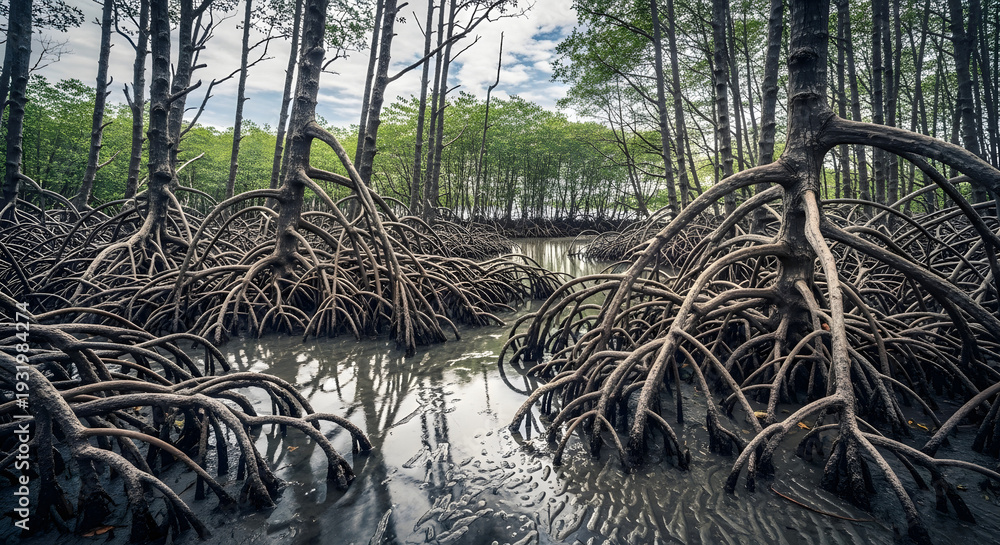Fototapeta premium Complex Tangled Roots of a Mangrove Forest in a Tropical Wetland