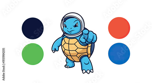 Blue cartoon turtle in space helmet points at viewer, surrounded by colorful circles