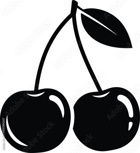 Black and white cherry fruit icon with leaf, stylized glossy cherries, minimal design, summer freshness concept, flat vector illustration