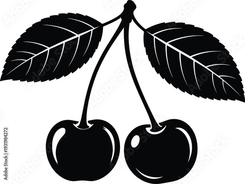 Black and white cherry fruit icon with two leaves, glossy stylized cherries, minimal summer design, freshness concept artwork, flat vector illustration