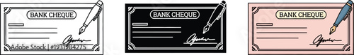 Collection of bank check illustrations with pen for signing representing financial transactions and payment isolated on white