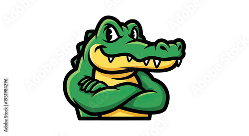 Cartoonish illustration of a confident alligator with arms crossed, green body, and yellow belly