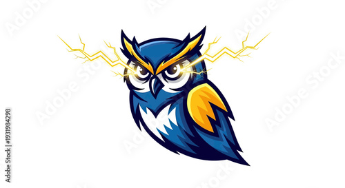 A stylized owl illustration with a blue body, gold wings, and lightning bolts coming from its eyes