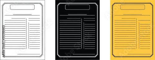 Set of document icons in white black and yellow representing forms or reports for business and data analysis isolated on white background