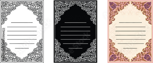 Ornate decorative frames with blank lined space for text vintage invitation or certificate design elements set of three