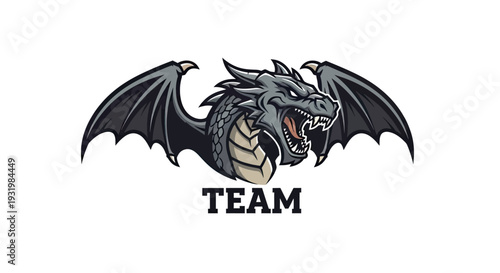 Fotografía Fierce gray dragon with open mouth and spread wings above the word TEAM on whi