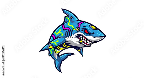 Digital illustration of a blue robotic shark with circuits, sharp teeth, and angry red eyes
