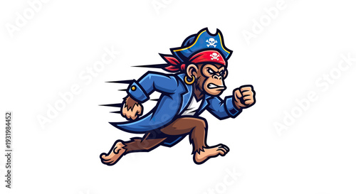 Cartoon monkey pirate in a blue coat and tricorn, running with speed lines