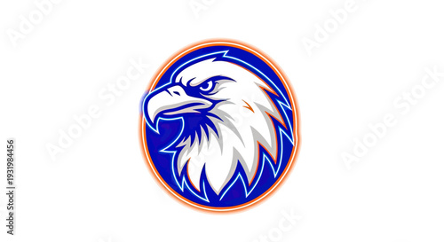 A stylized eagle head with intense gaze, enclosed in a blue and orange oval frame, white background