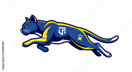 A stylized panther in mid-leap, showcasing dynamic energy with blue, yellow, and white accents
