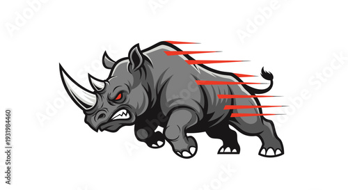 A charging rhinoceros with motion lines, set against a stark white background