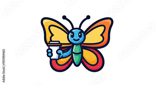 Cartoon butterfly with coffee cup. Colorful insect design on a white background. Cheerful imagery