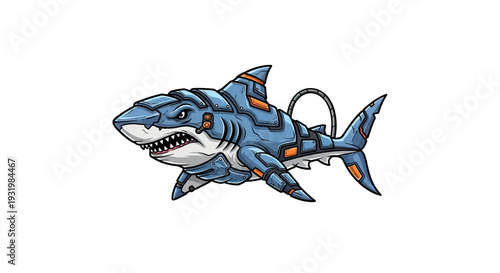 A robotic shark graphic, featuring armored plating, aggressive look, and mechanical details