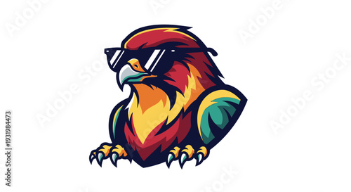 A stylized illustration of a cool bird wearing sunglasses, with colorful plumage