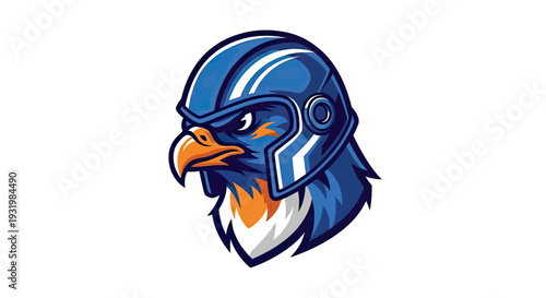 A stylized illustration of a bird of prey with a helmet, facing left, against a white backdrop