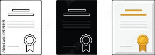 Set of certificate icons representing award diploma and achievement with seal in outline and filled styles for design